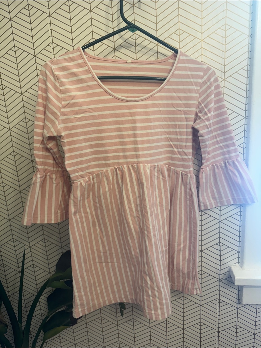 Pink and White Striped Maternity Babydoll Top with Flared 3/4 sleeve